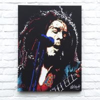 Canvas doek met print van afbeelding van Bob Marley spelend op zijn elektrische gitaar.