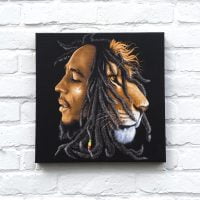 Bedrukt canvas doek met afbeelding van Bob Marley en een leeuw met dreads